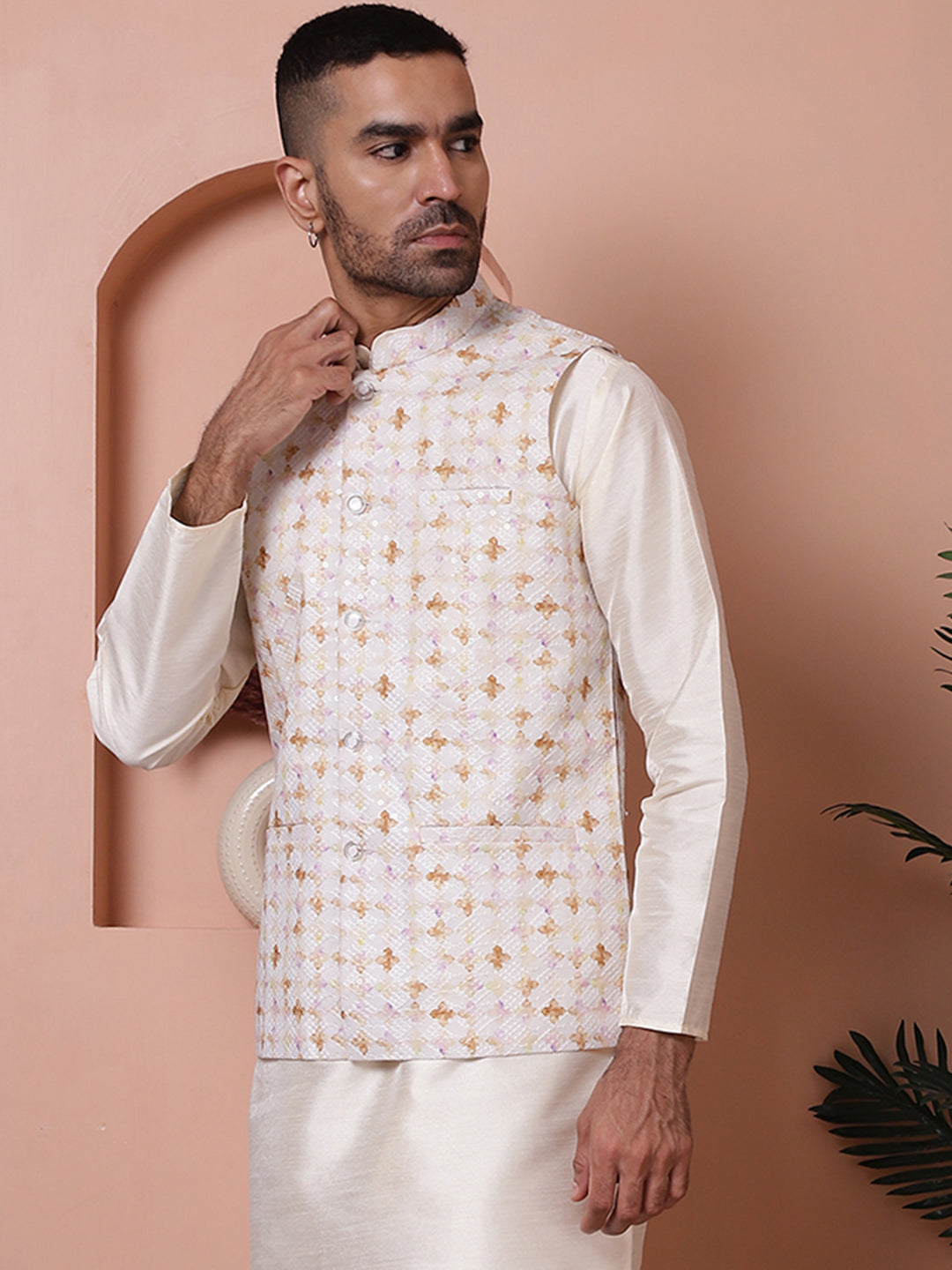 Floral Printed And Embroidered Nehru Jacket For Men
