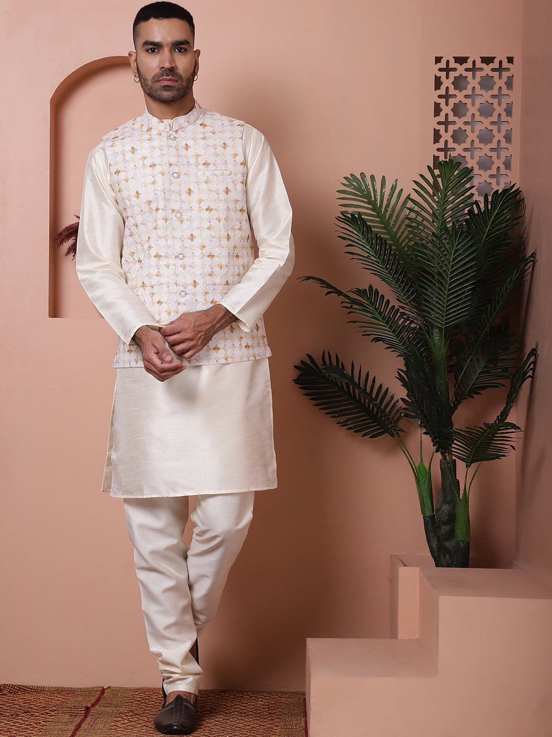 Floral Printed And Embroidered Nehru Jacket For Men