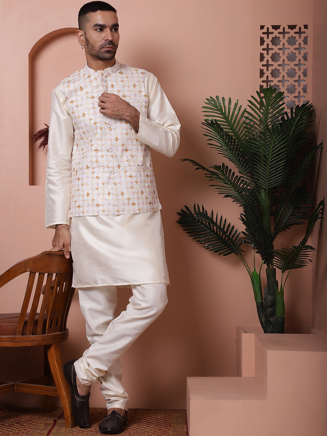 Floral Printed And Embroidered Nehru Jacket For Men