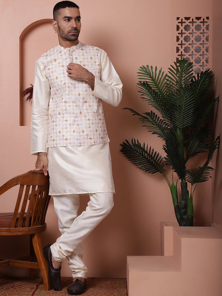 Floral Printed And Embroidered Nehru Jacket For Men