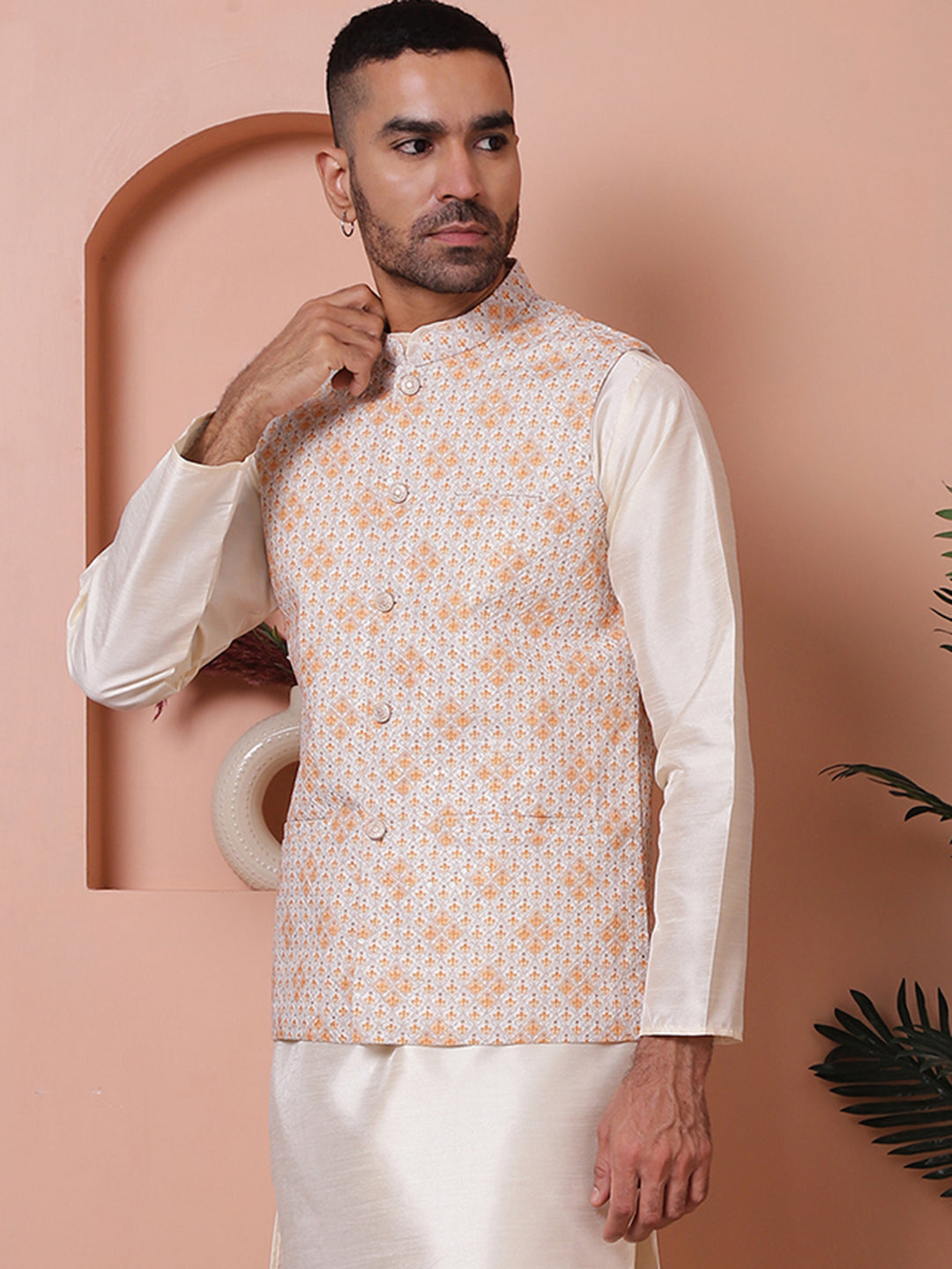 Floral Printed And Embroidered Nehru Jacket For Men