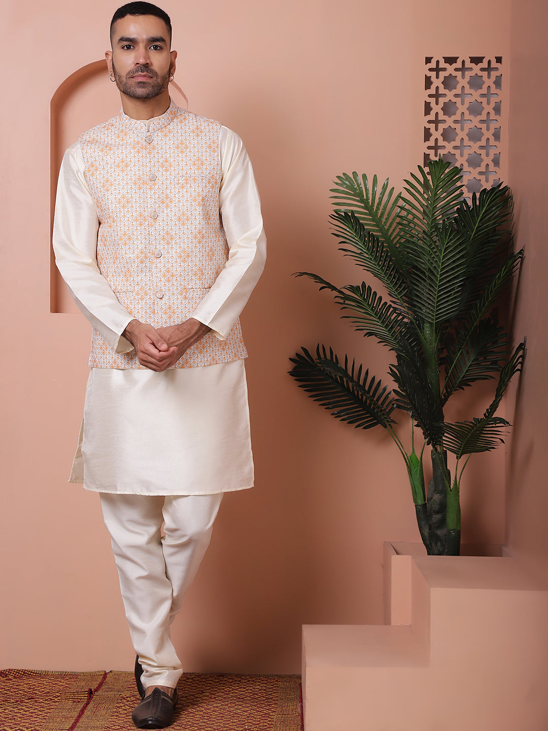Floral Printed And Embroidered Nehru Jacket For Men