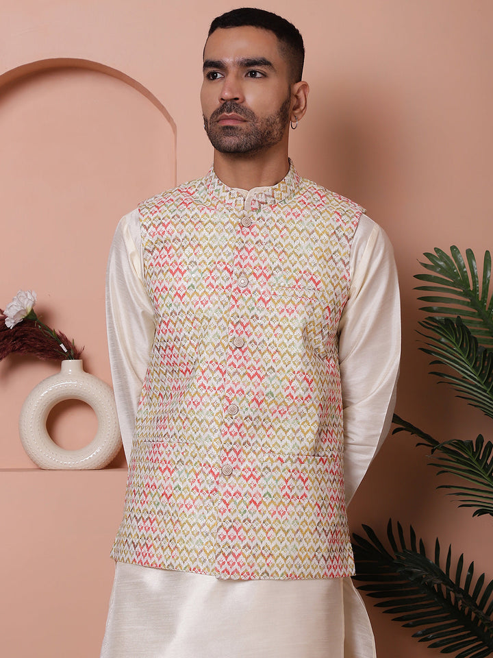Floral Printed And Embroidered Nehru Jacket For Men