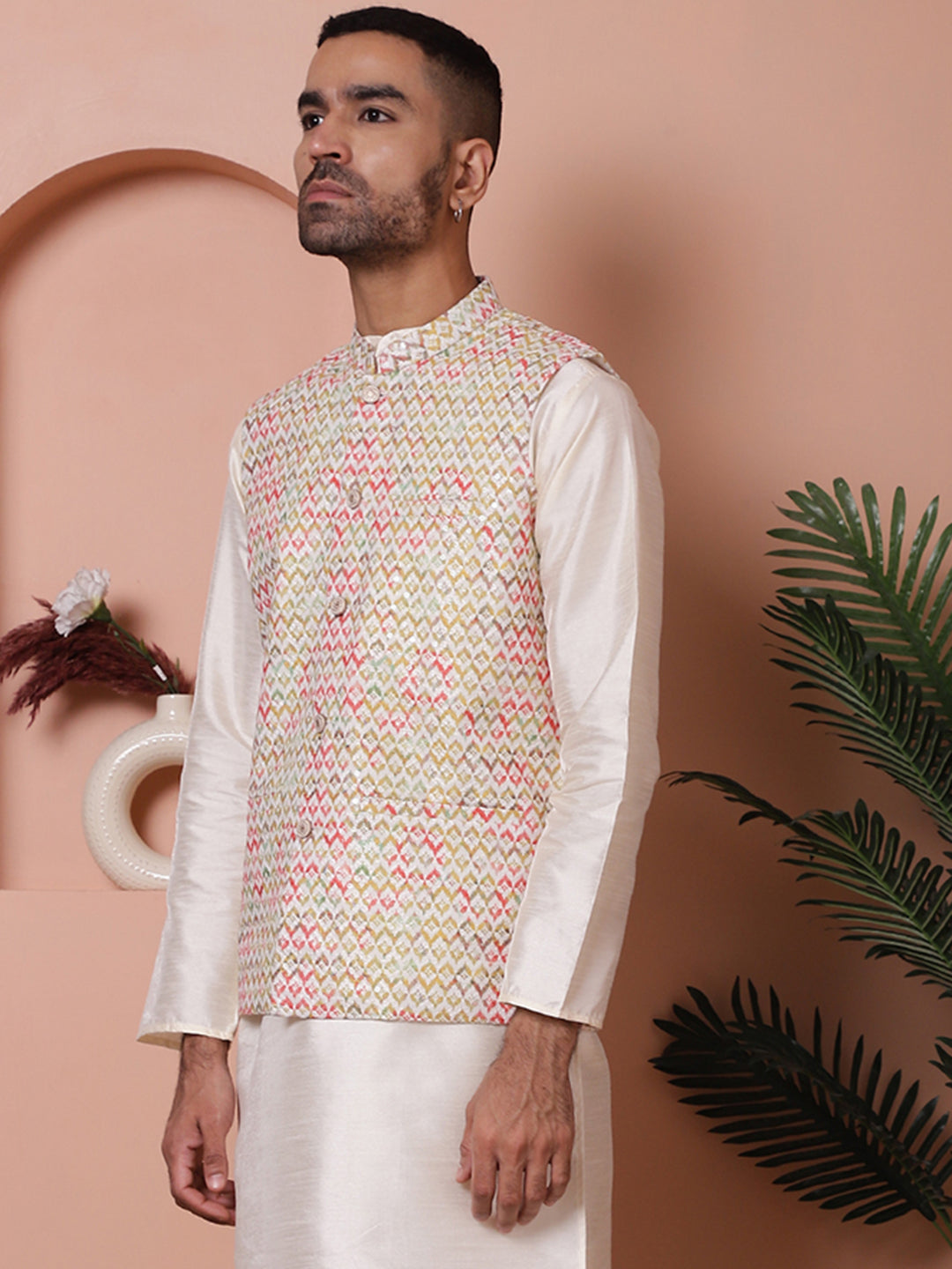 Floral Printed And Embroidered Nehru Jacket For Men