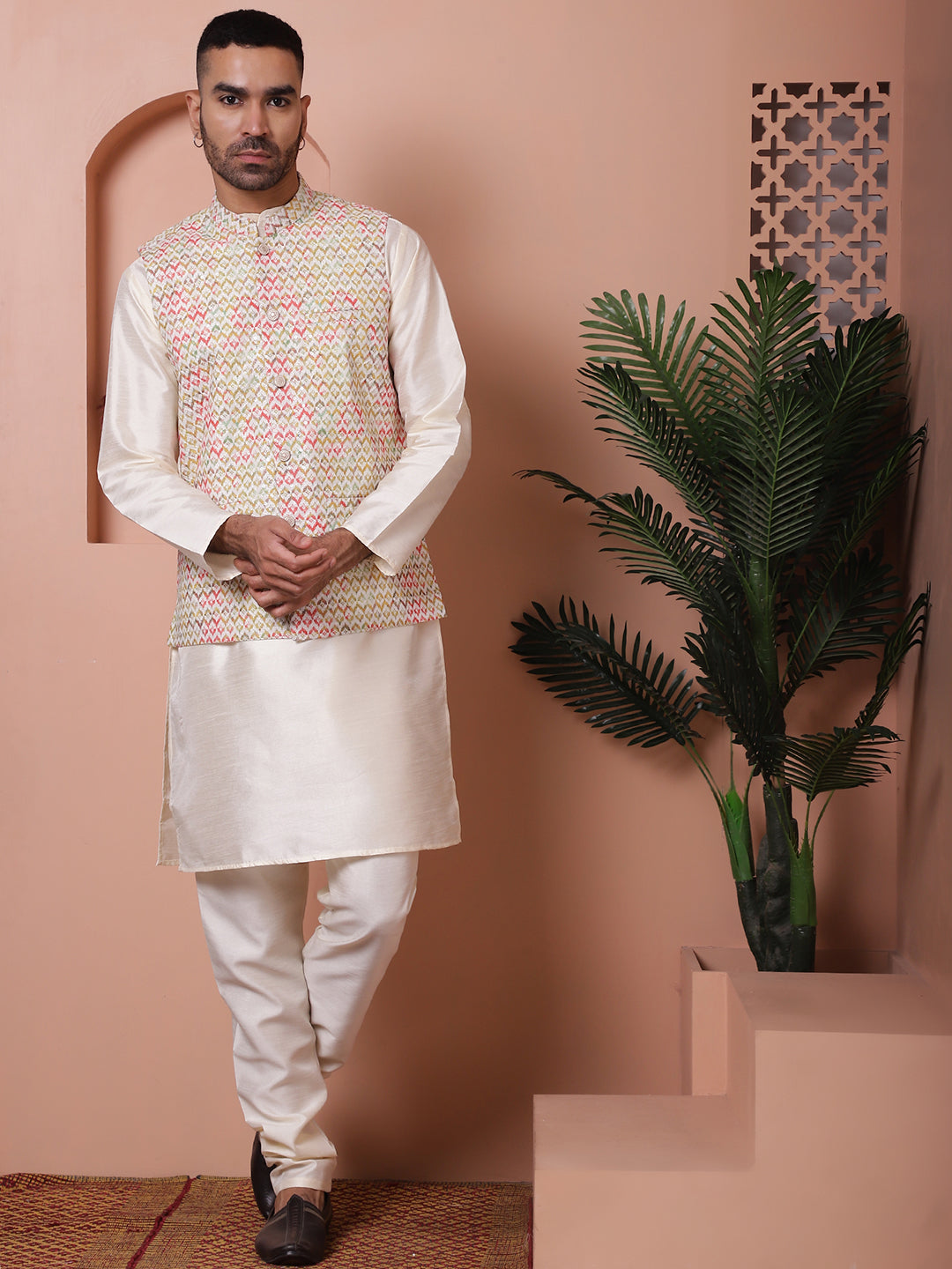 Floral Printed And Embroidered Nehru Jacket For Men