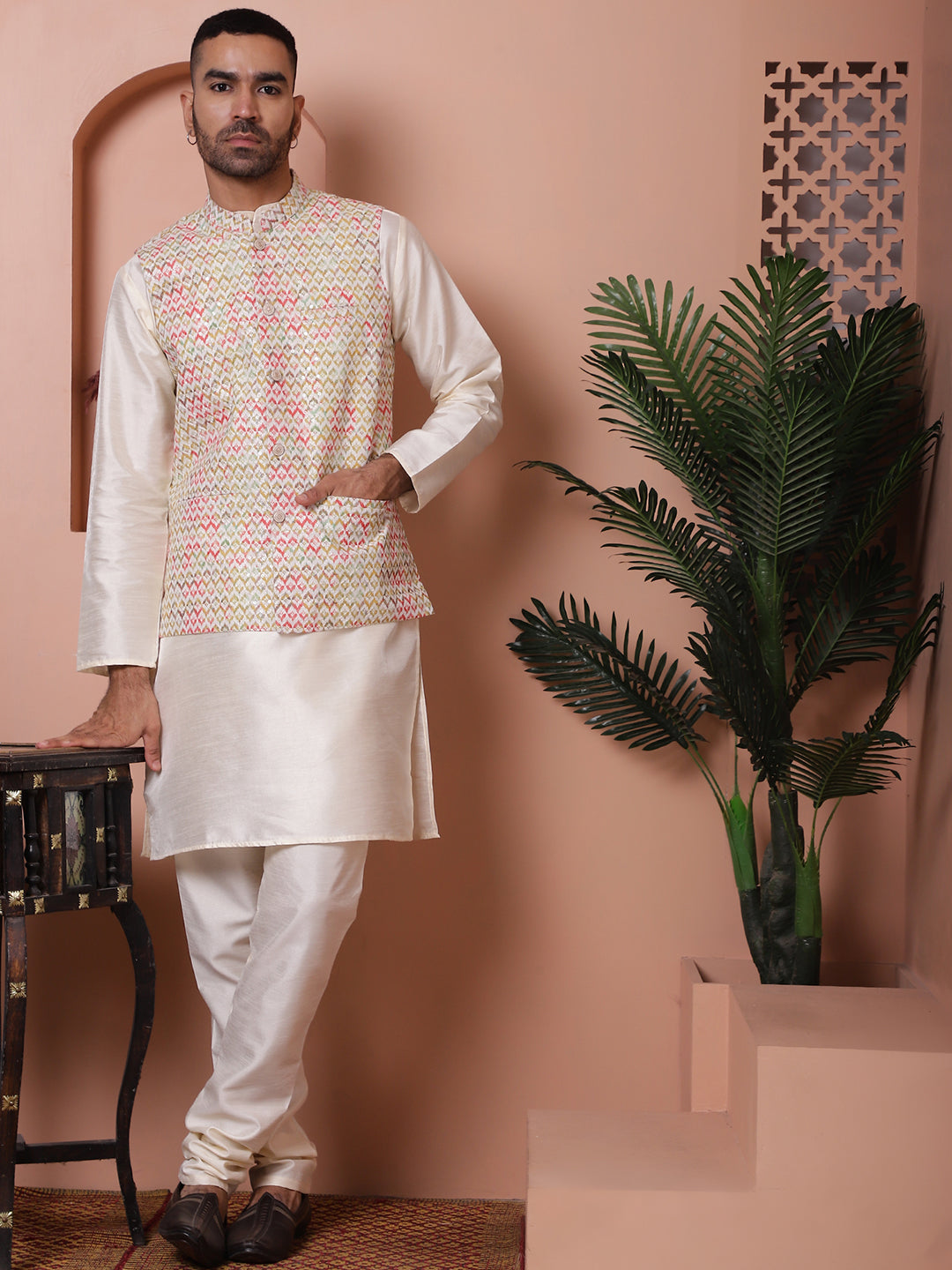 Floral Printed And Embroidered Nehru Jacket For Men