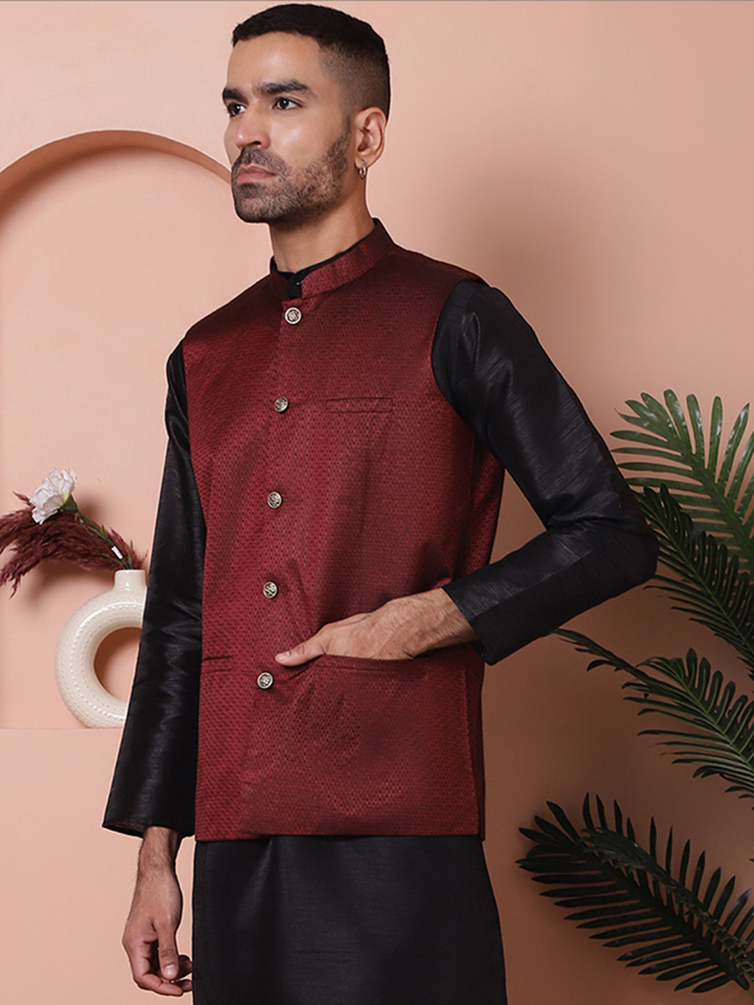 Woven Design Nehru Jacket For Men