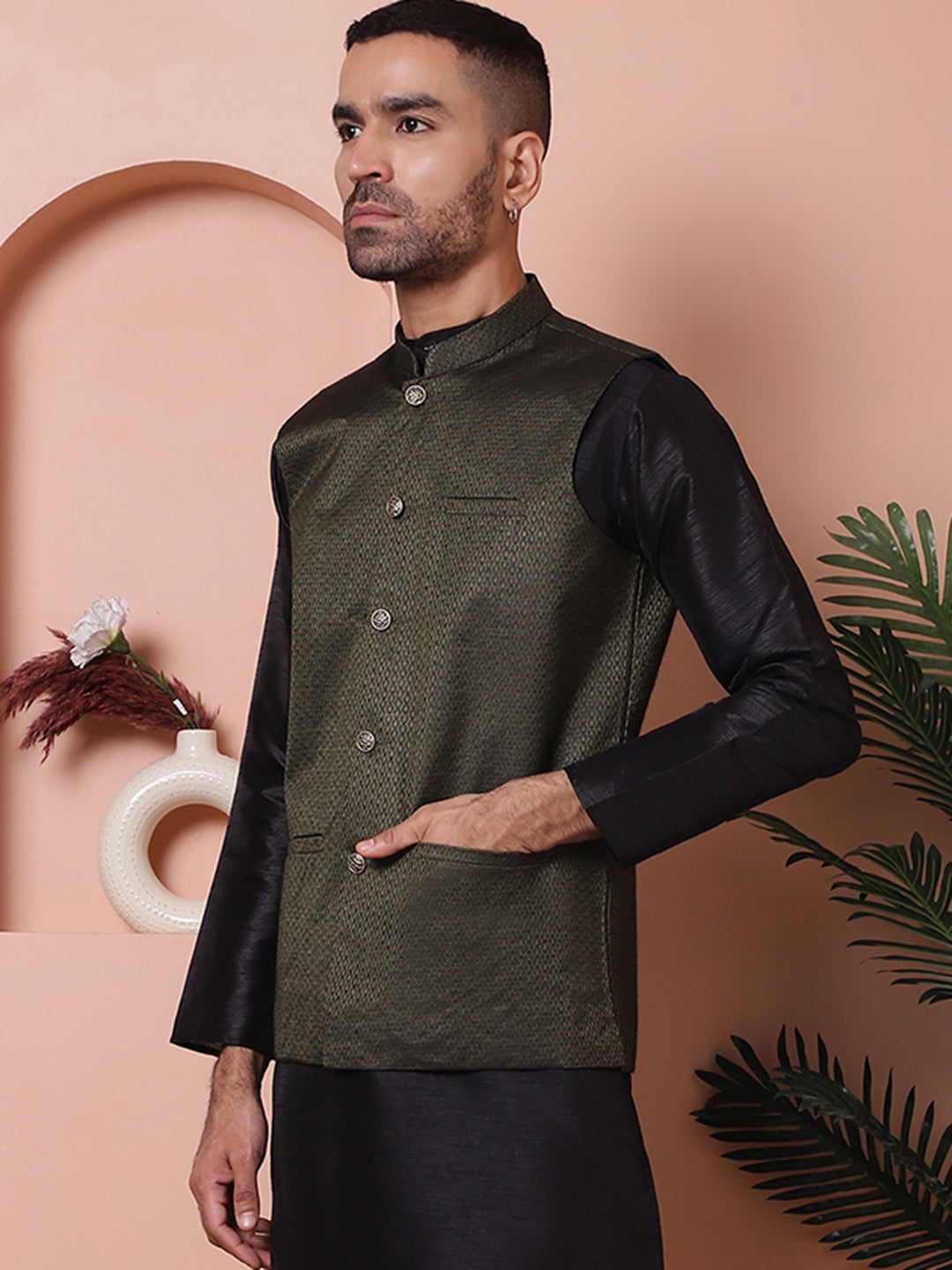 Woven Design Nehru Jacket For Men