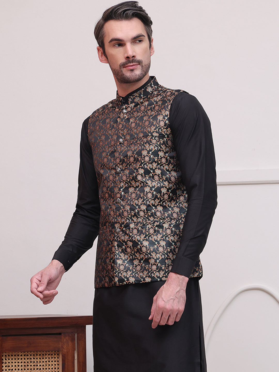 Woven Design Nehru Jacket For Men