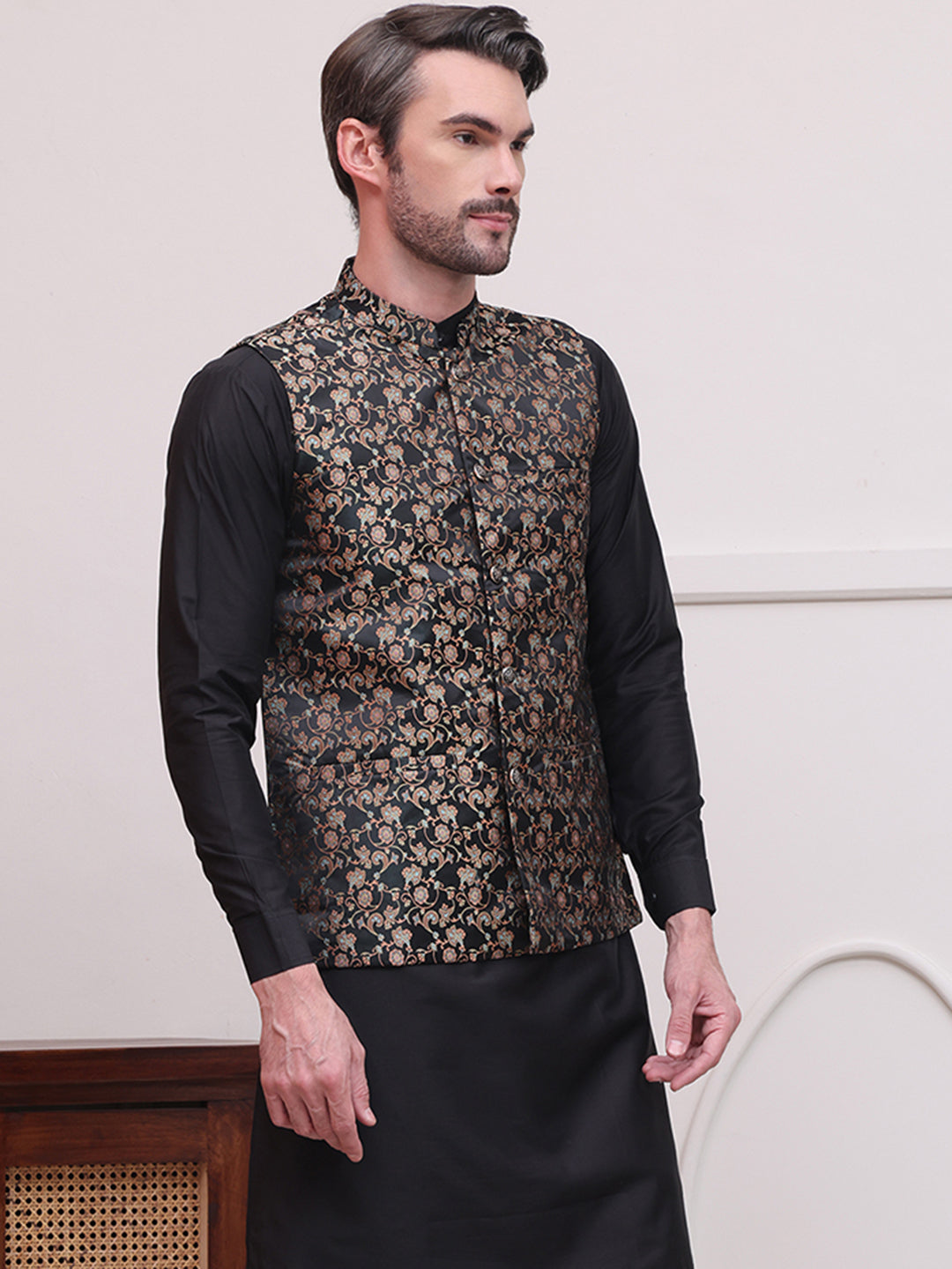 Woven Design Nehru Jacket For Men