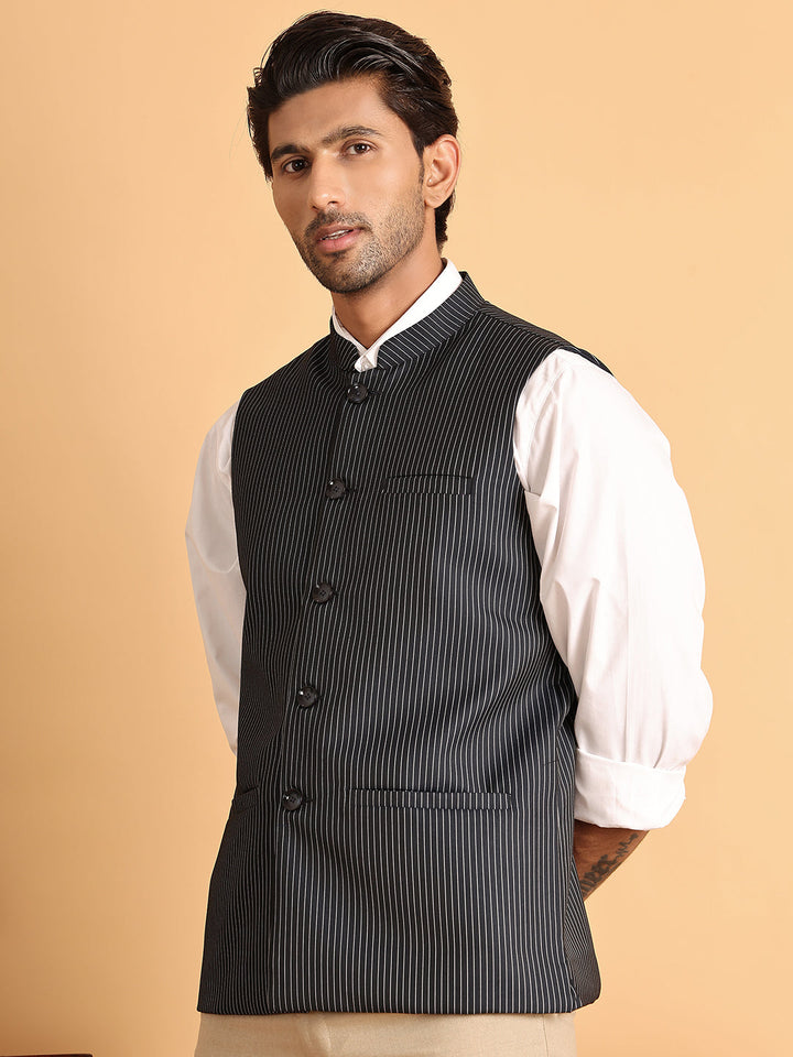 Navy Striped Woven Nehru Jacket For Men
