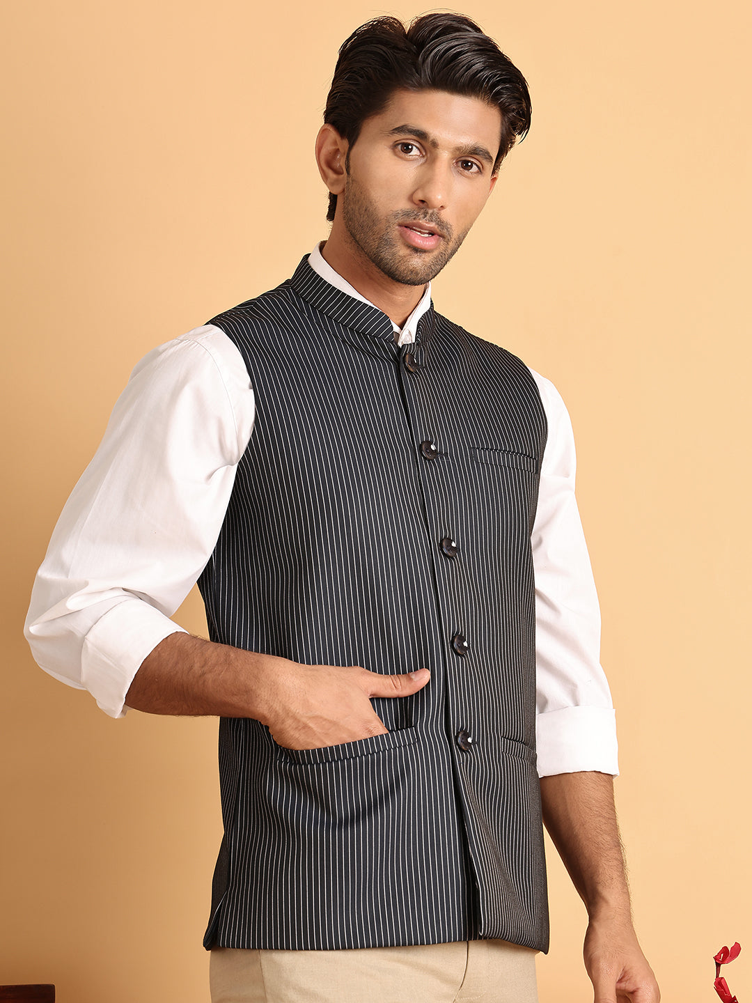 Navy Striped Woven Nehru Jacket For Men