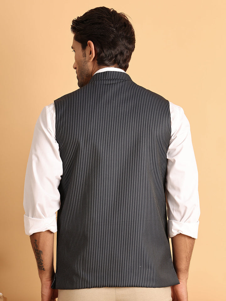 Navy Striped Woven Nehru Jacket For Men