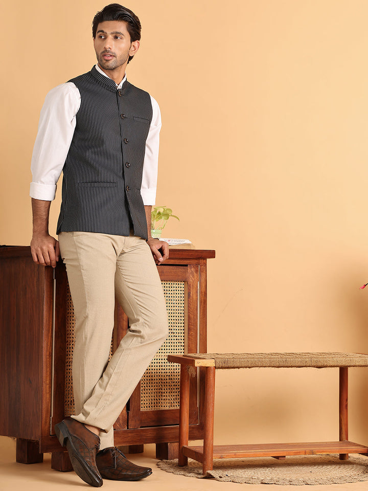 Navy Striped Woven Nehru Jacket For Men