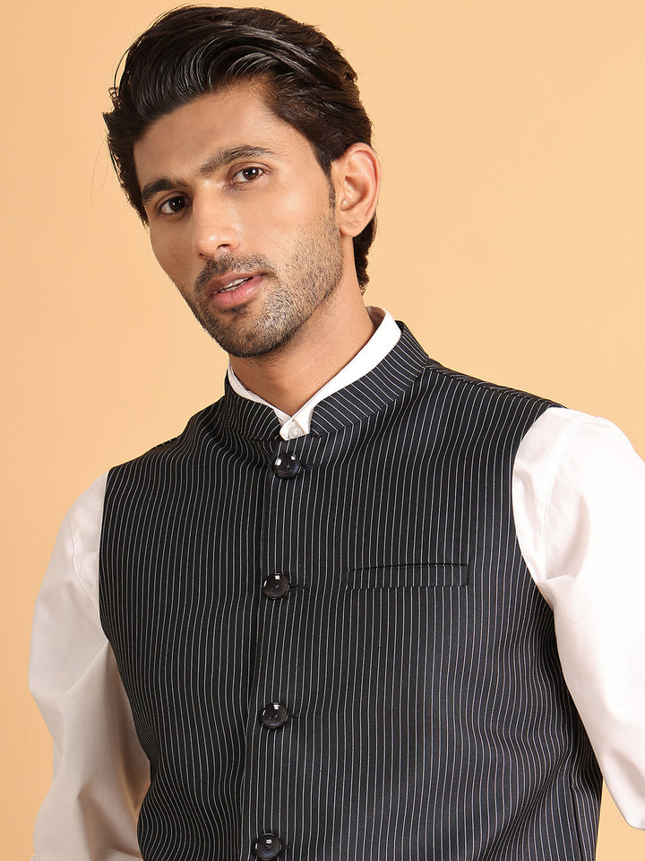 Navy Striped Woven Nehru Jacket For Men