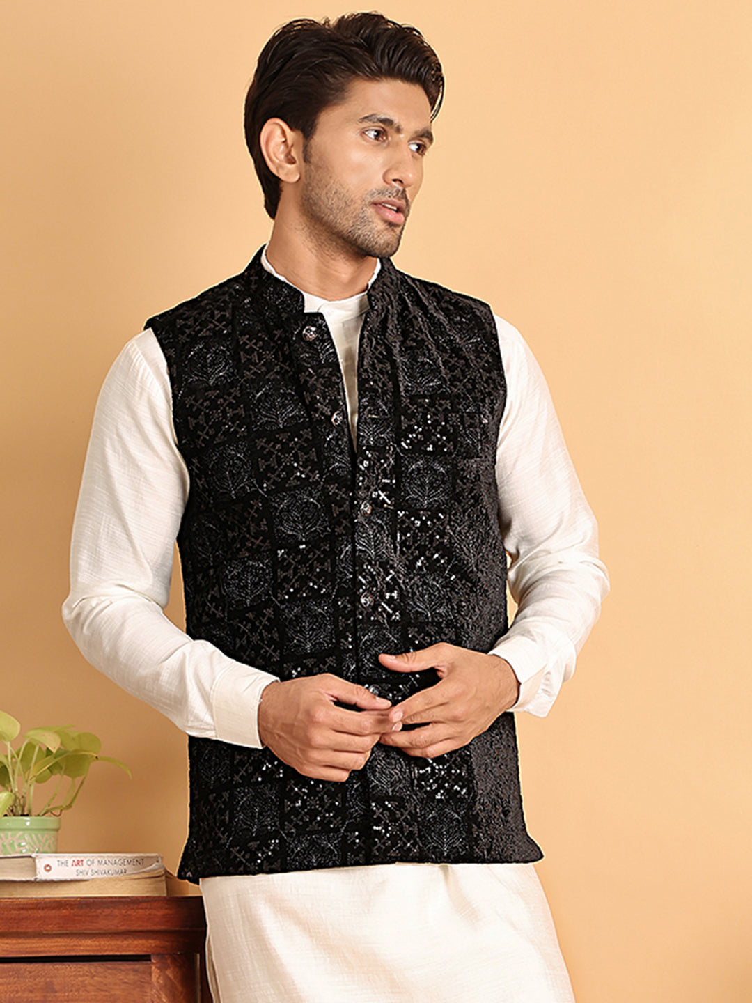Black Embroidered Nehru Jacket  For Men