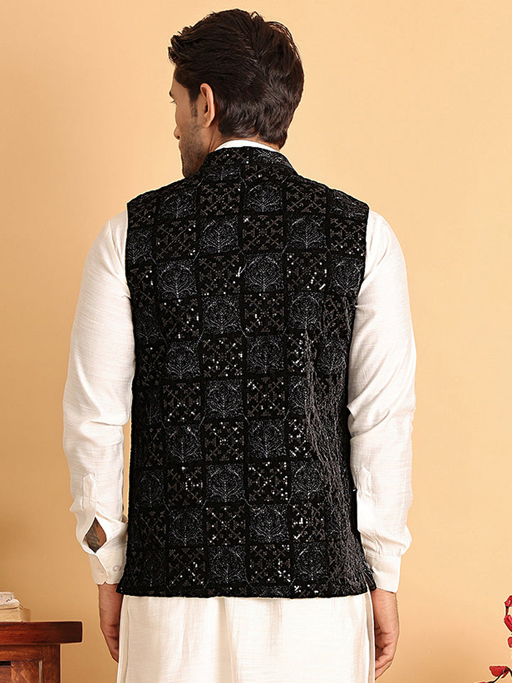 Black Embroidered Nehru Jacket  For Men