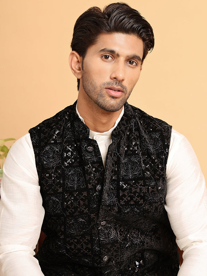 Black Embroidered Nehru Jacket  For Men