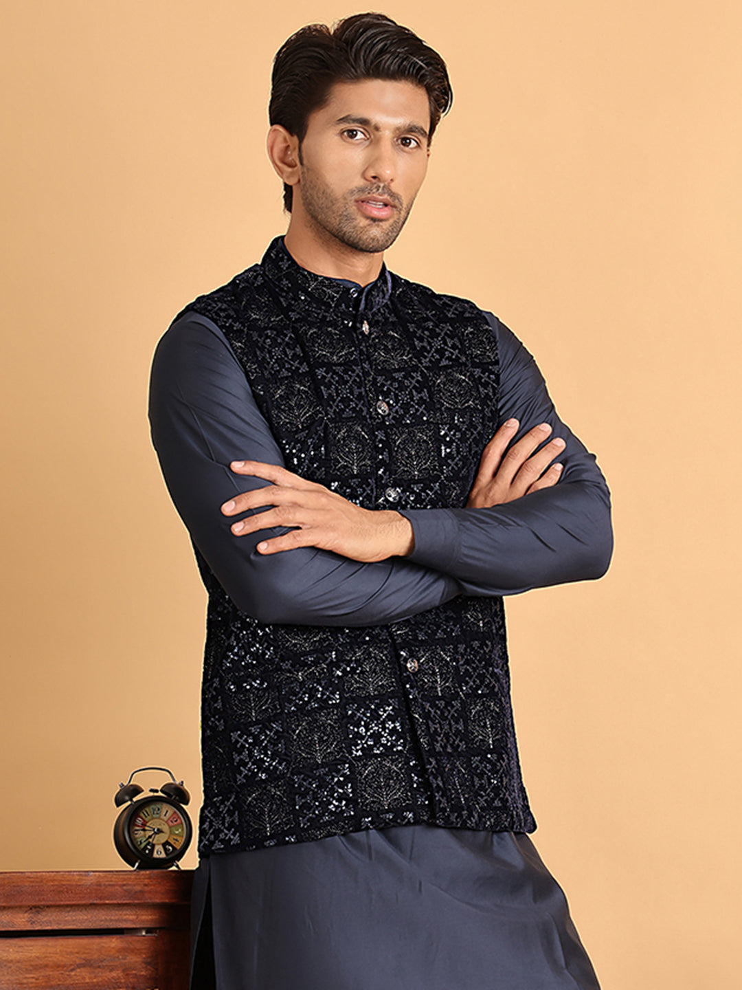 Navy Blue Embroidered Nehru Jacket  For Men