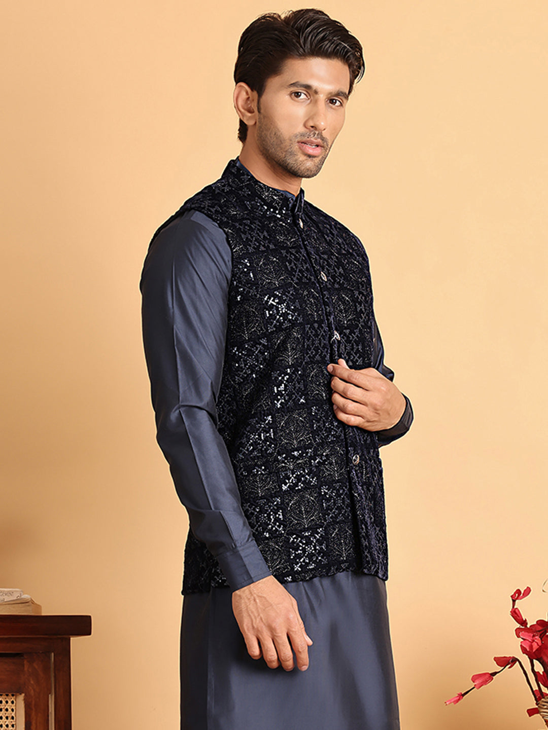 Navy Blue Embroidered Nehru Jacket  For Men