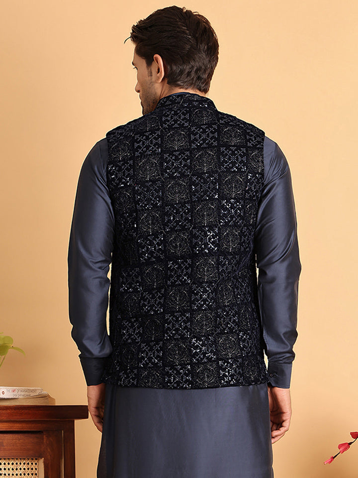 Navy Blue Embroidered Nehru Jacket  For Men