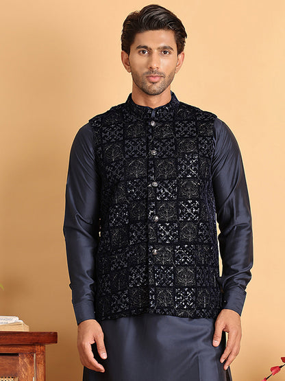 Navy Blue Embroidered Nehru Jacket  For Men