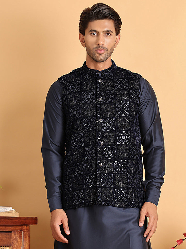 Navy Blue Embroidered Nehru Jacket  For Men