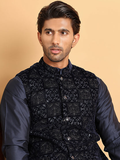 Navy Blue Embroidered Nehru Jacket  For Men