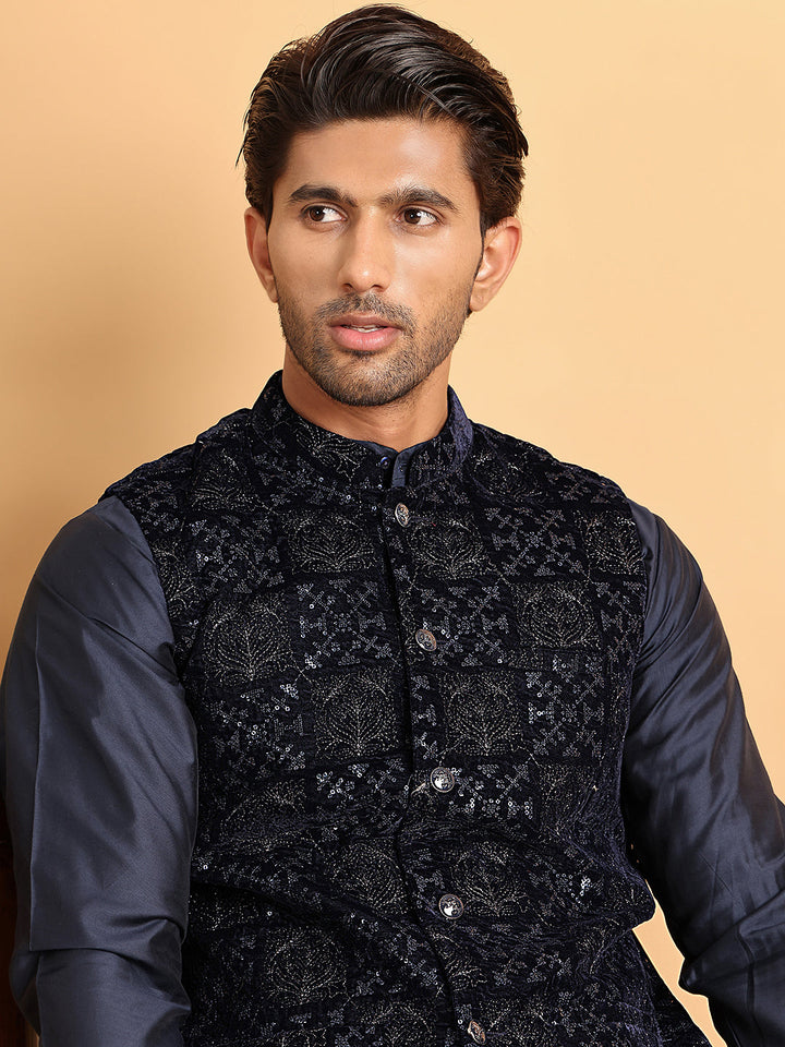 Navy Blue Embroidered Nehru Jacket  For Men