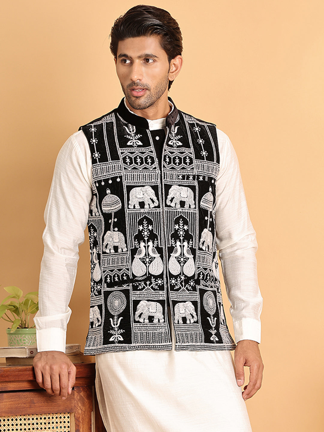 Black Embroidered Velvet Nehru Jacket For Men
