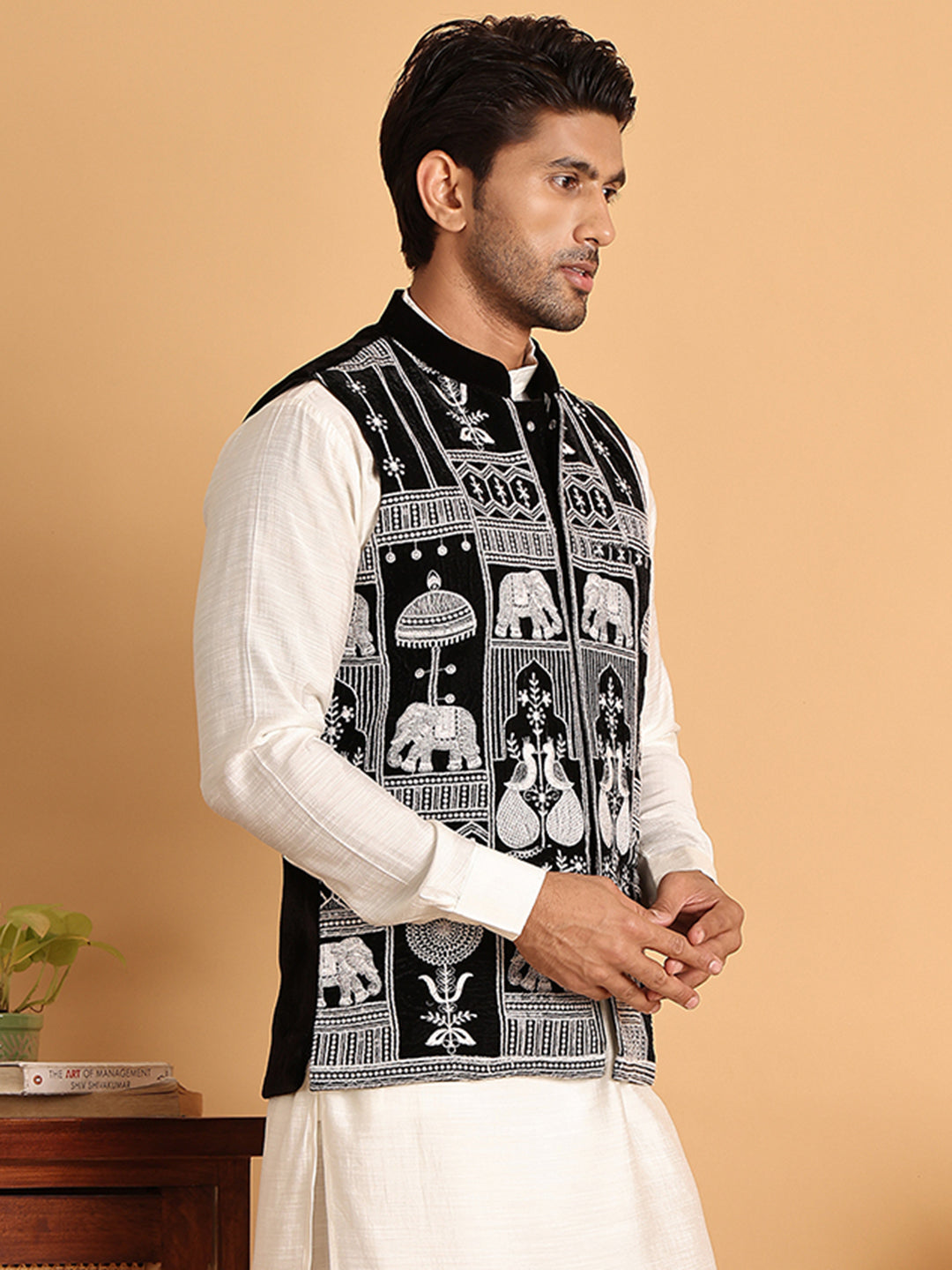 Black Embroidered Velvet Nehru Jacket For Men