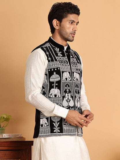 Black Embroidered Velvet Nehru Jacket For Men