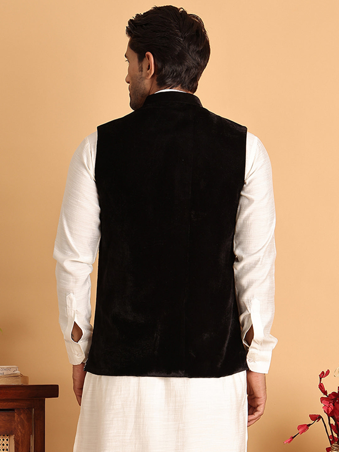 Black Embroidered Velvet Nehru Jacket For Men