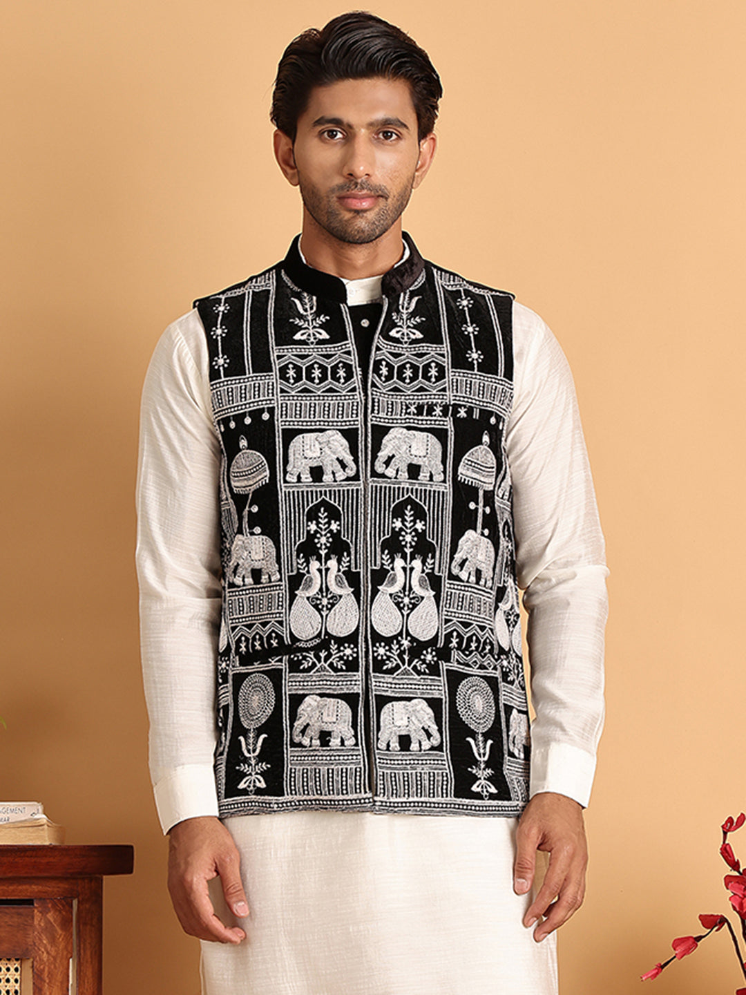 Black Embroidered Velvet Nehru Jacket For Men