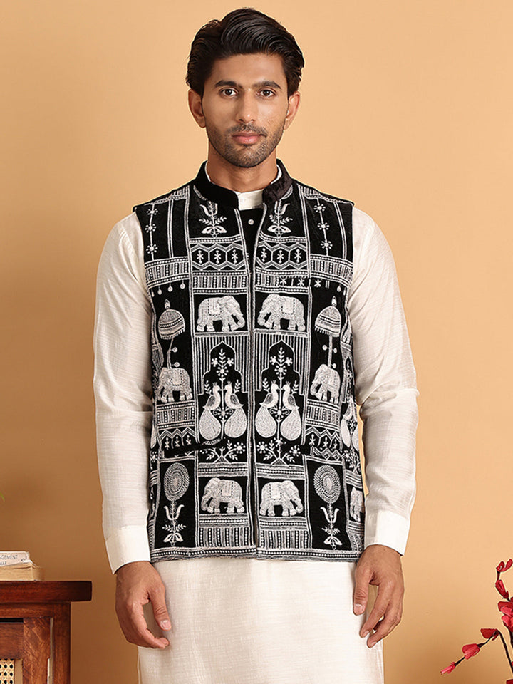Black Embroidered Velvet Nehru Jacket For Men