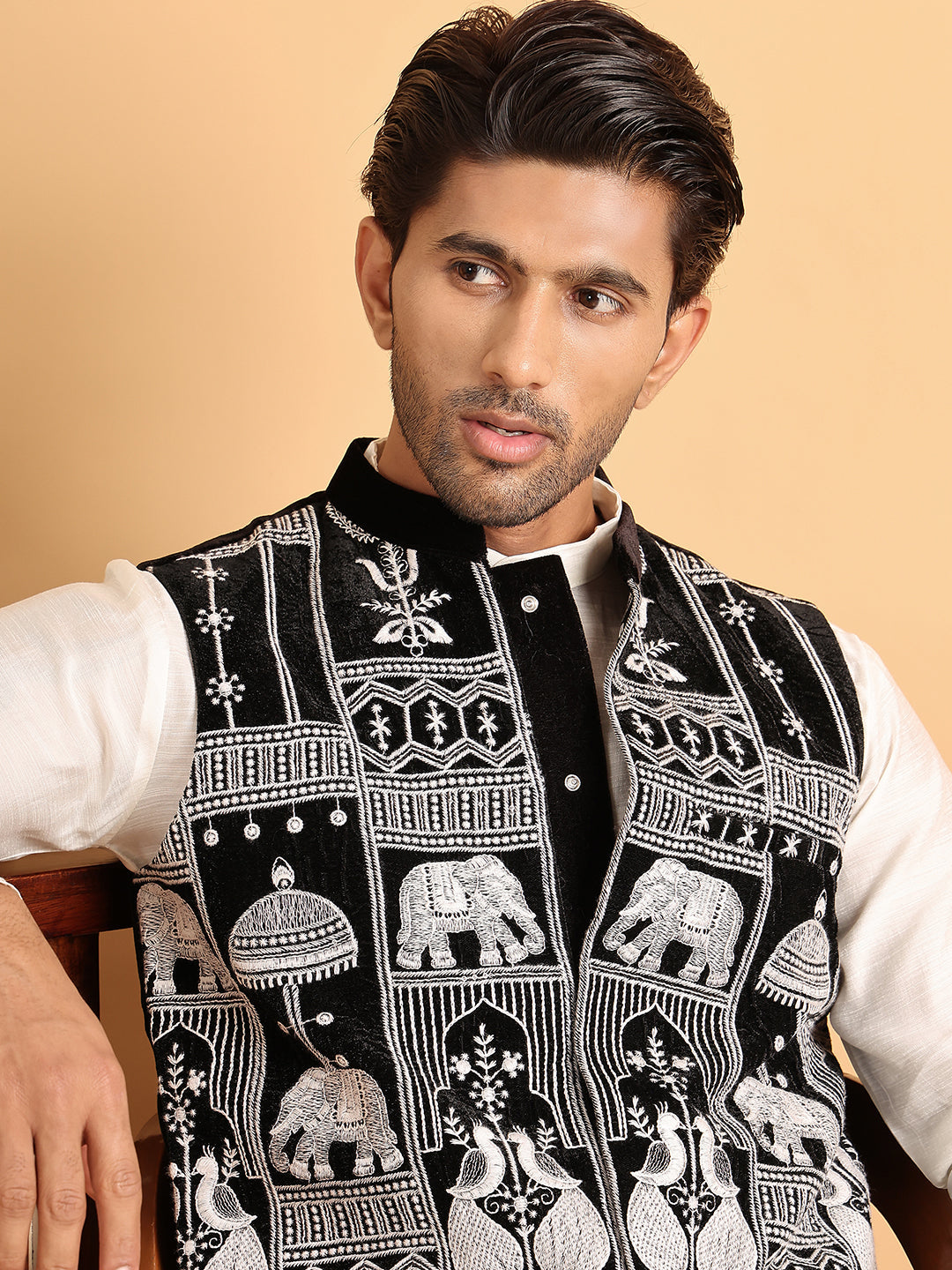 Black Embroidered Velvet Nehru Jacket For Men