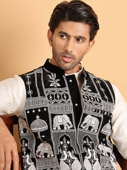 Black Embroidered Velvet Nehru Jacket For Men