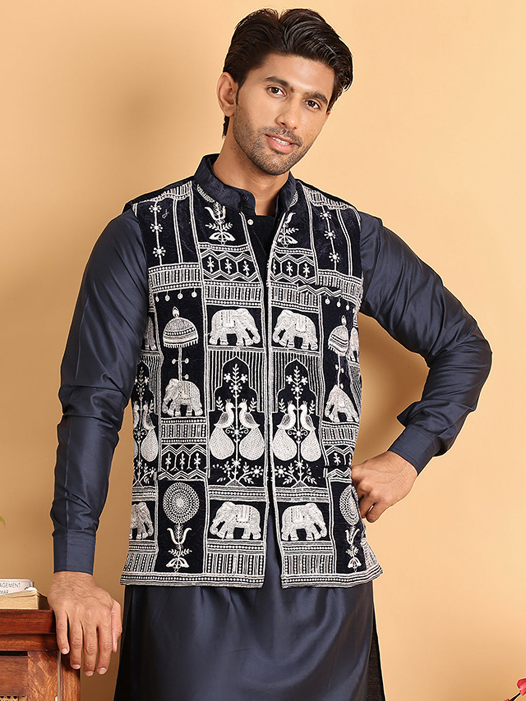 Navy Blue Embroidered Velvet Nehru Jacket For Men