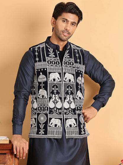 Navy Blue Embroidered Velvet Nehru Jacket For Men