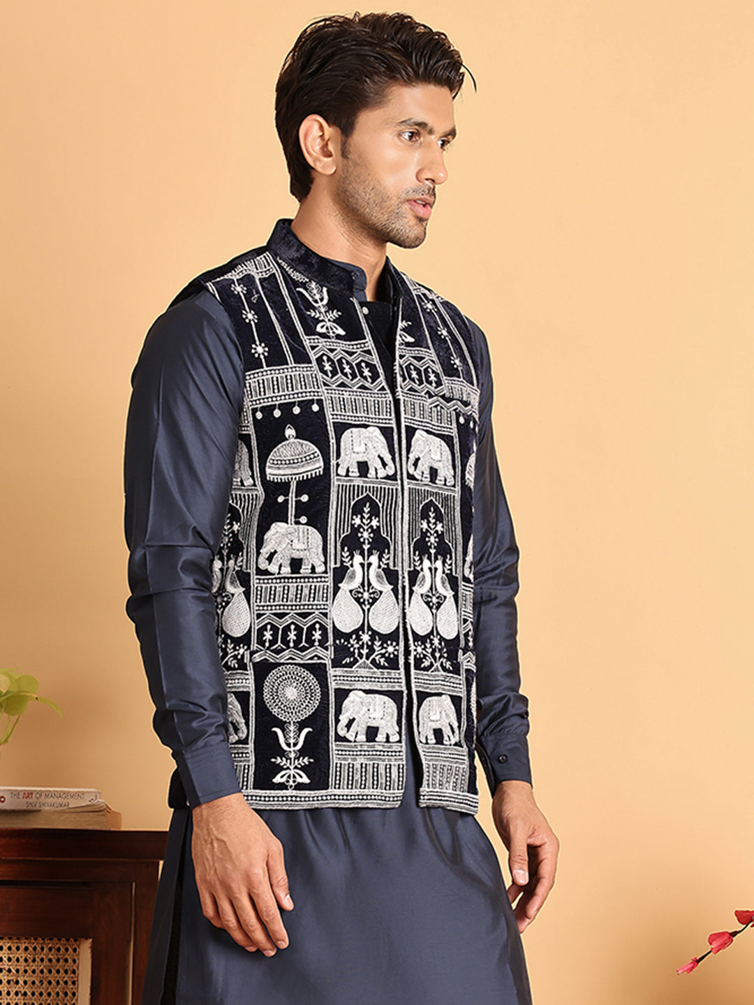 Navy Blue Embroidered Velvet Nehru Jacket For Men