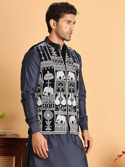 Navy Blue Embroidered Velvet Nehru Jacket For Men