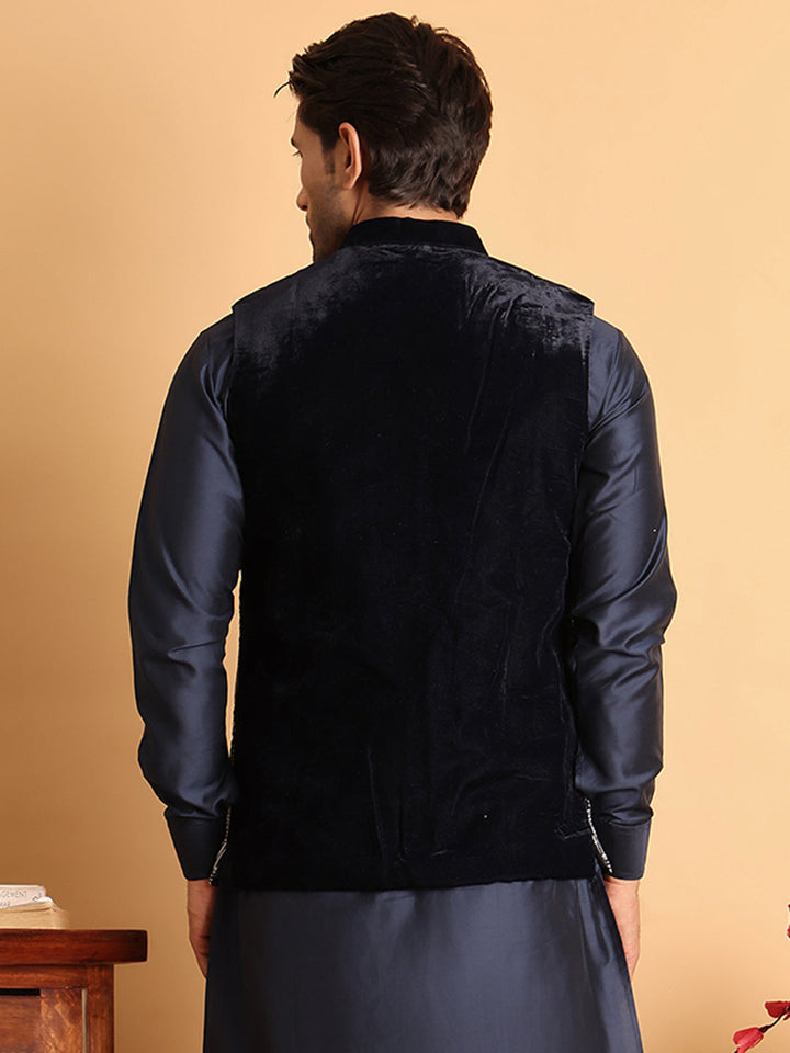 Navy Blue Embroidered Velvet Nehru Jacket For Men