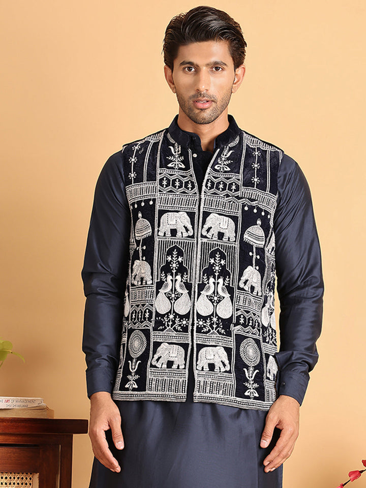 Navy Blue Embroidered Velvet Nehru Jacket For Men