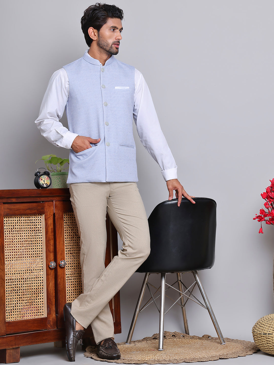 Woven Design Nehru Jacket For Men