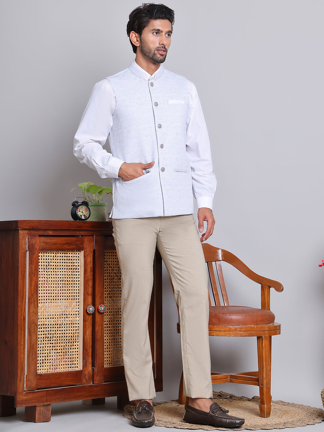 Woven Design Nehru Jacket For Men