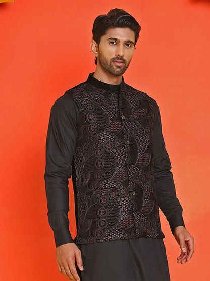 Black Embroidered Velvet Nehru Jacket For Men