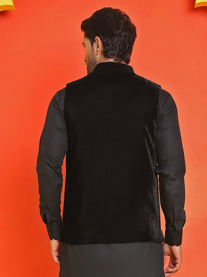 Black Embroidered Velvet Nehru Jacket For Men