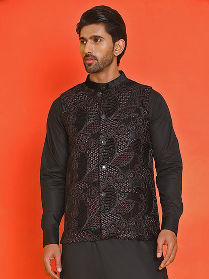 Black Embroidered Velvet Nehru Jacket For Men