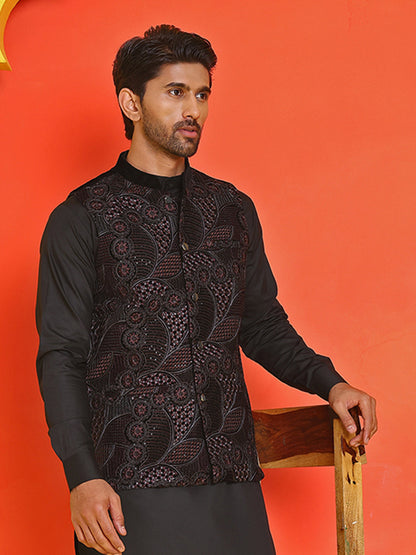 Black Embroidered Velvet Nehru Jacket For Men