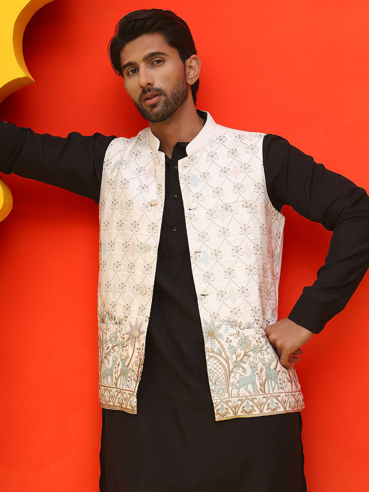 White Embroidered Silk Blend Nehru Jacket For Men